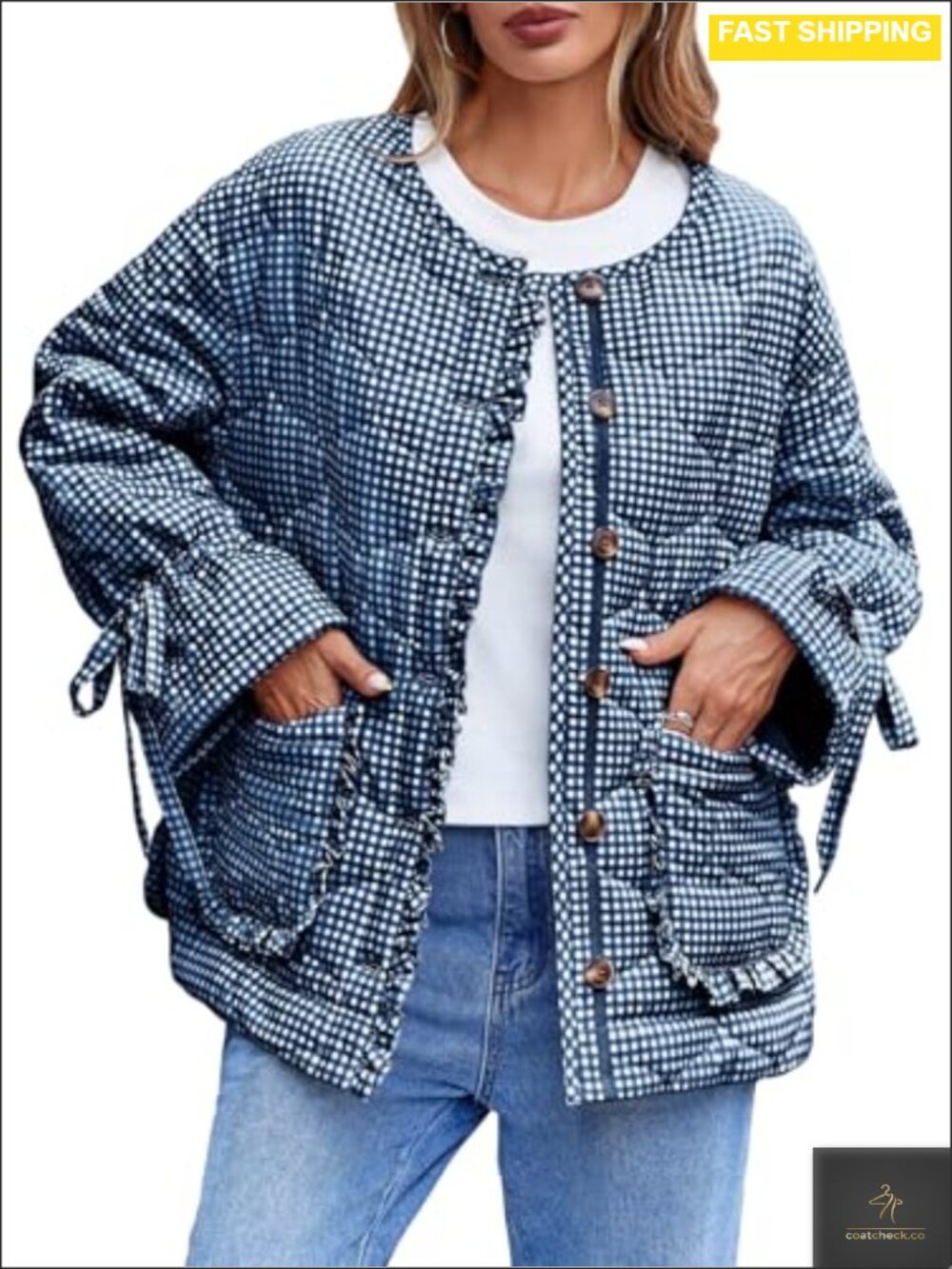 Quilted Puffer Jacket Cropped Plaid Button Down Bow Lightweight Coat